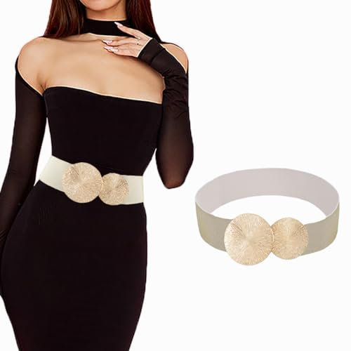 Auwoyss Damengürtel Kreis Stretch Kleider Gürtel Elastischer Vintage Taillengürtel für Damen und Mädchen, Weißgold, S(27-31)