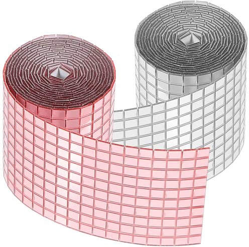 Operitacx 2 Rollen 6000 Stück Mini Mosaikfliesen Selbstklebend, Quadratische Glasspiegel, Rosa Disco-Fliesen Selbstklebende Mosaik-Aufkleber Spiegelquadrate Mini-Spiegelfliesen für DIY Handwerk