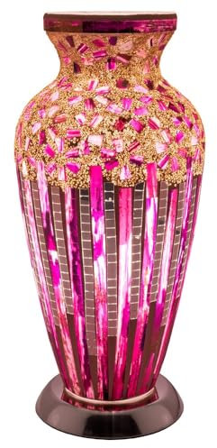 Britalia Rose Pink Art Deco Flower Mosaic Glass Vintage Vase Table Lamp with Chrome Base | 38cm Height | 1 x E27 Bulb Required | Study - Bedroom - Lounge - Living Room | Desk Light | Inline Switch