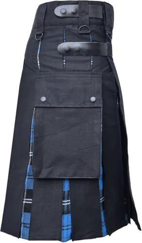 Modern Utility Kilts-Men's Plus Size Scottish Hybrid Black Cotton & Acrylic Wool Tartan Utility Kilts with Leather Straps Kilts for Men- Ramsay Blue, 48 Regular
