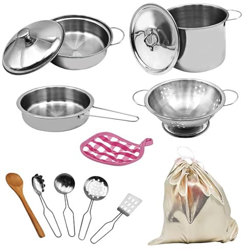 Kitchen Toys Toy Pots and Pans Set 12 PCS Stainless Steel Pretend Cooking Utensils Cookware Set Play Pots and Pans Toys Packed In a Golden Cloth Bag Chef Role Playset Cooking Set