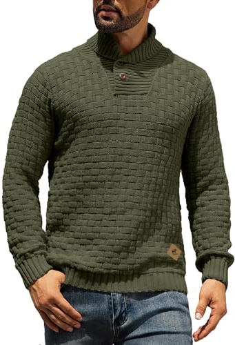 HYPESTFIT Mens Knitted Sweater Crew Neck Warm Long Sleeve Pullover Textured Ribbed Edge Top Army L