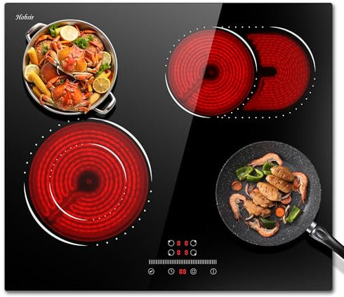 Hobsir hob Plaque Vitrocéramique 4 Feux, Table de Cuisson électrique Encastrable 60CM, Commande Tactile à Curseur, 6600W, Zone Extensible pour le Gril, Verrouillage de Sécurité, Sans Prise, 240V