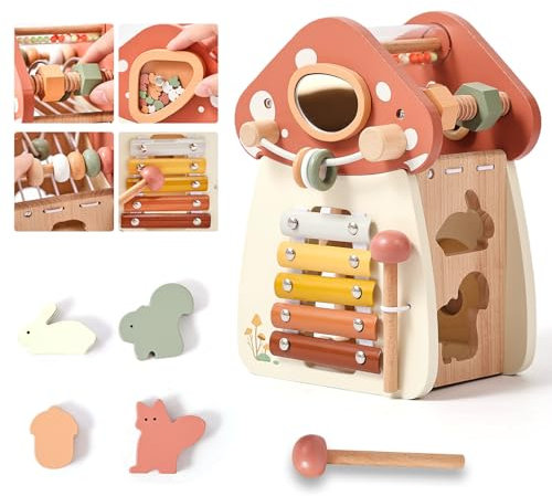 WOODEN TEETHER Cube d'activité de motricité 5 en 1, en bois, super mignon, en forme de champignon, jouet Montessori pour enfants, jouet multifonction pour dés de motricité à partir de 1 an