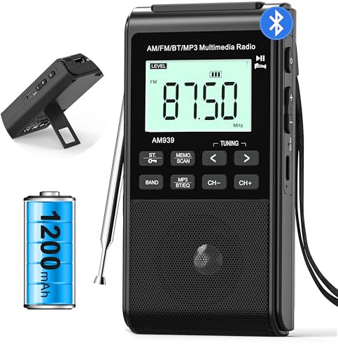 Pocket Radio with AM FM-1200mAh Rechargeable Radio-Portable Transistor Radio with Best Reception, Bluetooth Receiver,5W Big Speaker,LCD Screen,Earphone Jack,Support SD Card and USB Player for Jogging