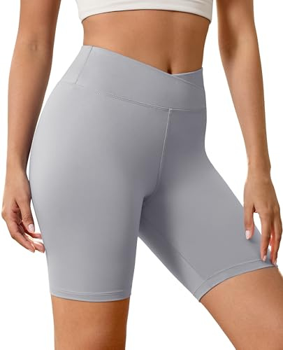 VALANDY Creamlush - Pantalones cortos cruzados de ciclista para mujer, 20 cm, cintura cruzada, para yoga, descansar, cómodos y elásticos, Gris Claro, S-M