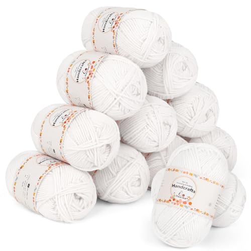 Aeelike 600g(12x50g) Wolle Bunt 5Ply Strickwolle aus Acryl, Ultraweiche Garn zum Häkeln und Stricken, Polyacryl Häkelgarn von Mützen, Pullover, Weiß