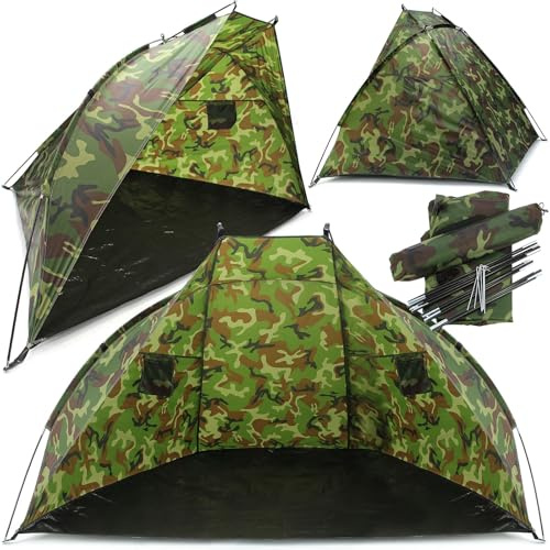 Carp Fishing Brolly Day Shelter System with Sewn-In Groundsheet – Compact 1-Man Rain & Sun Protection for Beginners, Casual Anglers, and Beach Adventures (Camo)