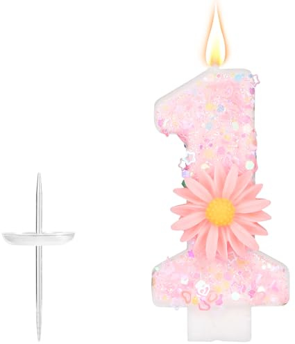 Vela de Cumpleaños con Número Rosa, 7,2cm Purpurina Margarita Brillante Vela Número Adorno para Tarta Ideal para Cumpleaños de Niña Fiestas Baby Shower y Aniversarios Regalos (1)