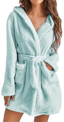 LZPCarra Albornoz mujer de rizo tallas grandes, bata de algodón corta para mujer, albornoz cálido con capucha, bata de baño informal con cinturón, pijama de manga larga, albornoz de invierno suave