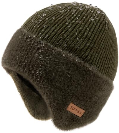 TOP-EX DryKnit™ Gorra impermeable con forro de vellón con orejeras – Gorra térmica de lana merina para hombres, Verde militar., XL-XXL