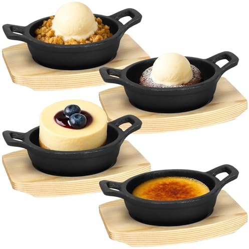 4 Pcs Mini Cast Iron Skillet Set, Small Cast Iron Serving Pan with Wooden Base, Round Fajita Plate with Handles for Cooking Table Serving (10cm)