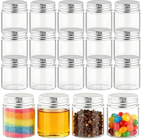 Acetiti 15 Pezzi 50ml Mini Bottiglie di Vetro, Trasparente Bottiglie Vetro con Tappo a Vite in Alluminio, Piccole Vasetti Bottiglies per Spezie fai da te Matrimoni Bomboniere Decorazioni Feste