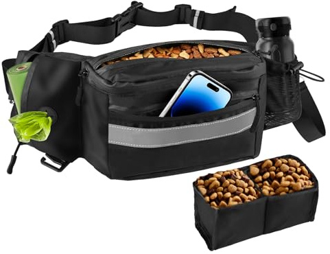 Razobws Borsa Porta Snack per Cani, Marsupio Impermeabile Multifunzionale con Dispenser Integrato e Strisce Riflettenti, Grande Capacità Borsa per Cani Addestramento e Passeggiate, Nero