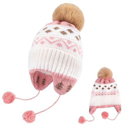 CDLIZW Cappello Bambino Invernale,Ragazze Cappello Lavorato a Maglia Cappello Caldo per paraorecchie Inverno,Cappelli Lavorati a Maglia con Pompon,Berretto Sci Antivento,1-4 Anni