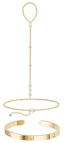 XFSRG 2 Piezas Pulsera para Mujer Chapada en Oro de 14K Apilables Delicadas Boho Pulsera con Anillo de Dedo Cadena Regalo de Joyas para Mujeres Niñas (Oro 3)