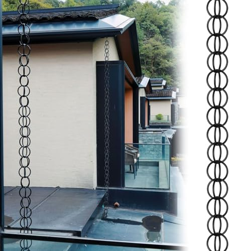 Catena da Pioggia con Anelli Neri, Catena Sospesa Resistente alla Ruggine e Durevole,Drenaggio della Grondaia,Decorazione per Esterni,Elegante e Funzionale Anelli per Adattarsi a Ogni Casa 4.5m Nero