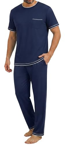 Demegimi Pigiama Uomo Estivo 2 Pezzi Pigiami Maglia Manica Corta e Pantaloni Lunghi Cotone Leggero e Traspirante Loungewear con Tasche per Casa e Relax