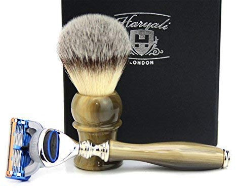 Mens Shaving Kit Synthetic Hair Shaving Brush & 5 Edge Razor with Stimulated Horn Handle Comes in Gift Box
