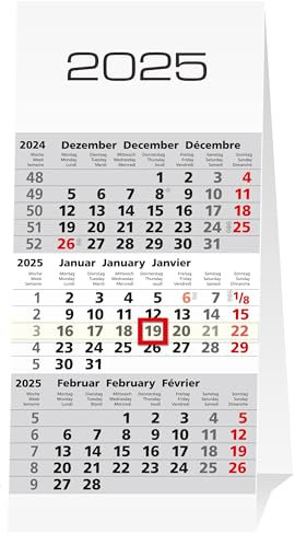3-Monatstischaufstellkalender Für den Schreibtisch mit umgelegtem Datumsschieber, 2-farbiger Druck, 3-sprachig, Größe: 19,8cm x 10,5cm