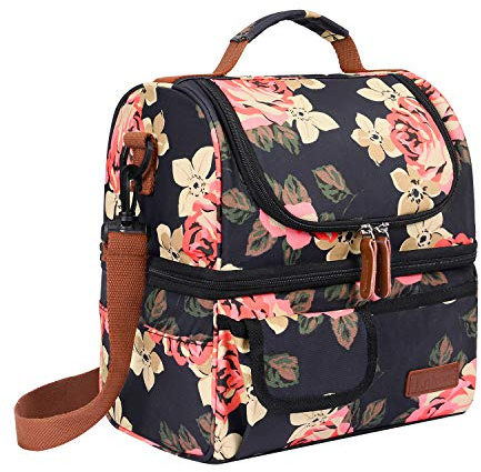 LOKASS Lunch Bag Women Double Deck Insulated Lunch Box Large Cooler Tote Bag with Removable Shoulder Strap Wide Open Thermal Meal Prep Lunch Organizer Box for Adults Work/Outdoor, Black Peony