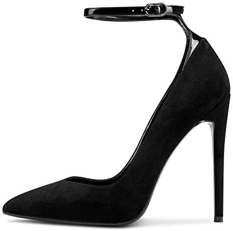 Castamere Escarpins Femme Mode Bride Cheville Bout Pointu Aiguille Talon 12CM Heel Shoes Noir Suède Chaussures EU 43.5