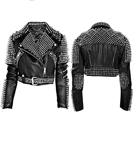 Motorradjacke für Damen, Gothic, Brando, Rock, Punk, Nieten, Fransen, Biker, schwarz, Motorradjacke aus Leder, Schwarz. Echtes Leder, Stil 2