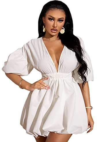 WDIRARA Women's Deep V Neck Puff Sleeve High Rise Flare Dress Elastic Waist Dress White Medium