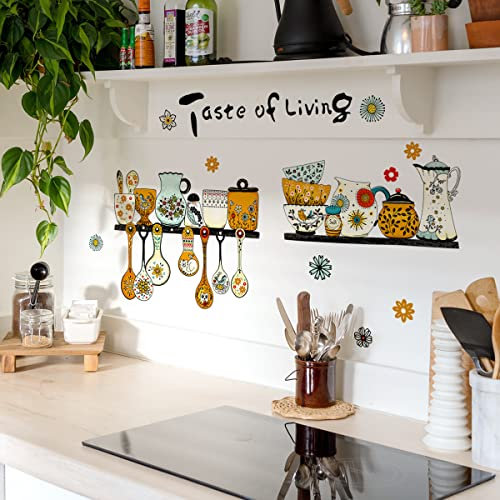 GFMODE Wandtattoo Küche - Wandsticker Herausnehmbar Selbstklebend Küche Wandaufkleber-Küche Blumen-topf mit Sprüche Liebe und Küchenutensilien Muster (30 x 60cm)