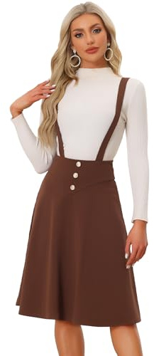 Allegra K Women's Casual Midi Suspender Skirt Button Decor High Waist Flared Overall Dress Medium Brown