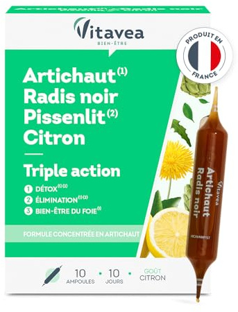 VITAVEA BIEN-ETRE - Detox Bien être du Foie Elimination - Complément Alimentaire, Digestion, Confort Intestinal, Draineur - Artichaut Radis Noir Pissenlit Citron - 10 ampoules - Fabriqué en France
