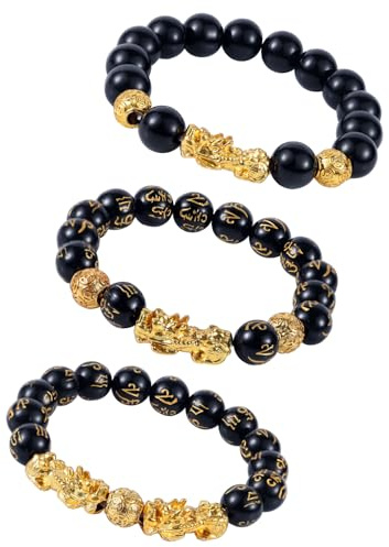 BOXOB 3pcs Bracelets Feng Shui Richesse, Obsidienne Imitation Bracelet Porte-Bonheur Avec Breloques Pixiu Pour Protection Porte Chance & Richesse Or et Noir Bijoux Perlés Cadeau Pour Hommes Femmes
