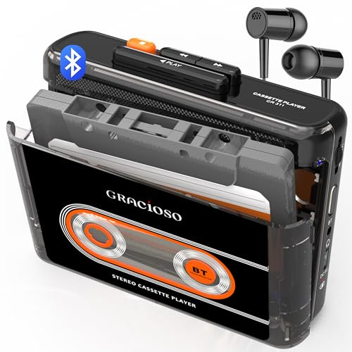 Gracioso Kassettenband, Bluetooth-Kassettenrekorder mit 1100 mAh wiederaufladbarem Akku, kompakter Vintage-Kassettenrekorder mit Kopfhörer, Mini-Kassettenrekorder mit Clip (Schwarz)