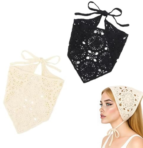 Crochet Hair Bandana,2PCS Cute Style Hand Knitted Headband Handmade Vintage Hair Scarf Triangle Headband with Ties for Women Girls