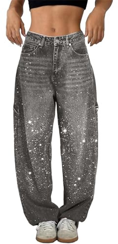 2025 Jeans Haren Larghi con Strass Casual Primaverili da Donna Pantaloni Vintage in Denim a Vita Alta Pantaloni Larghi con Strass a Vita Alta Jeans Lucidi Dritti a Gamba Larga deals of the day