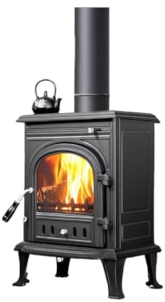 Wood Burning Stove,85% Thermal Efficiency,Heavy-Duty Cast Iron with Automatic Air Curtain & Hidden Ash Drawer, Heats 650 Sq Ft