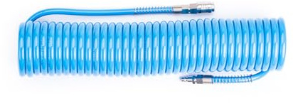 Tubo a spirale in PU poliuretano Ø 8 x 12 mm lunghezza 7,5 mt con raccordi ad attacco rapido. Con terminali 10+30 cm