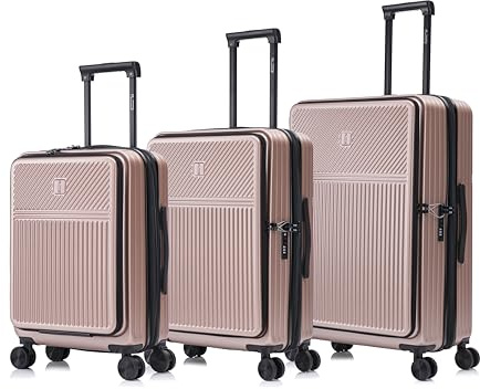 CELIMS - Set Valises Rigides 3 Pièces ABS Légères Front Pocket | Cabine, Moyenne et Grande | Valise Soute & Bagage Cabine 4 Roues 360° | Serrure Intégrée Voyage | Serrure TSA | Rose Gold