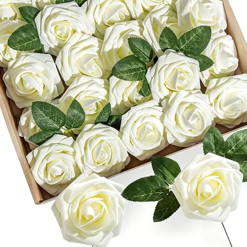 25Pcs Cream Artificial Roses, Real Touch Foam Roses with Stems & Leaves | Fake Flowers for Wedding Bridal Bouquets Cake Decoration, Grave Stone, Table Centerpieces & Home Decor