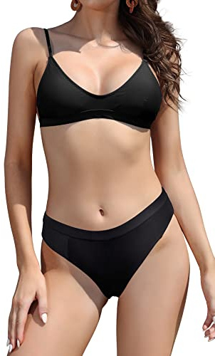 SHEKINI Costume da Bagno Due Pezzi V-Collo Halter Top Tracolla Regolabile Stampato Triangolo Fondo Bikini Costumi Due Pezzi Donna Bikini da Spiaggia (L, Nero S)