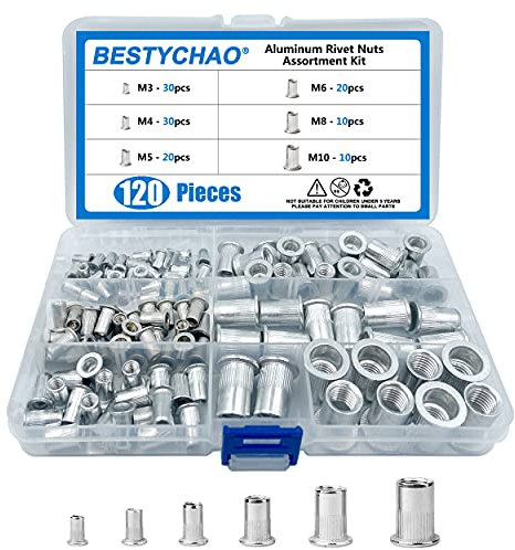 BESTYCHAO 120 Stück Aluminium-Nietmuttern, Flachkopf-Gewindeeinsatz, Nietmuttern, Nietmuttern, Sortimentskit M3, M4, M5, M6, M8, M10