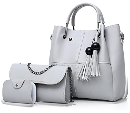 FANDARE Moda Bandolera de Cubo 3pcs Set Bolsos Totes para Mujer Impermeable Shoppers y Bolsos de Hombro Bolsos con Flecos Bolso PU Cuero Bolso Bandolera con Cadena para Viajes Compras Gris Claro
