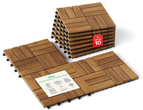 Idzo Interlocking Deck Tiles 9.6 SQFT - 10PCS Waterproof Acacia Wood Patio, Flooring Panels for Indoor and Outdoor - Decking Checker Pattern, 11.81 x 11.81 x 0.91 Inches, Golden