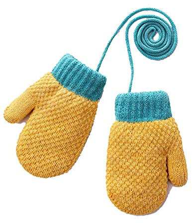 ILUFAM Baby Boys Girls Fleece Lined Knitted Gloves Toddler Thick Winter Warm Mittens with String Thermal Gloves for 1-3 Years (Yellow)