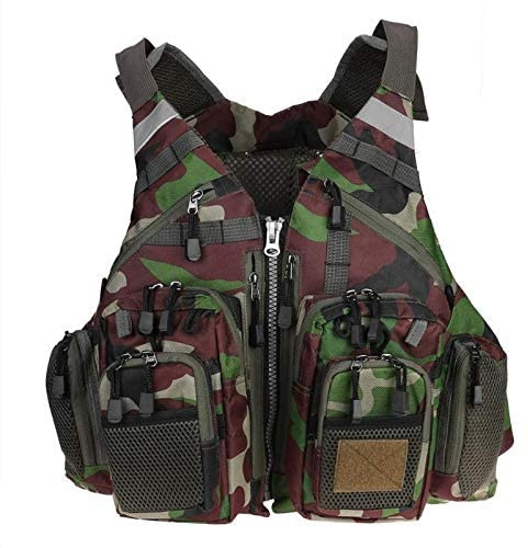 JKSPORTS Fly Fishing Vest Fishing Safety Life Jacket for Swimming Sailing Boating Kayak Floating Multifunction Breathable Backpack for Men and Women Kayak Vest Swim Vest (Grass Camouflage,with Foam)