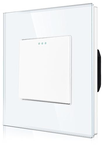 CNBINGO Rocker Lichtschalter 1 Fach 1 Weg Glas Lichtschalter, Modernem Kristallglas Wandplatte mit Leuchtpunkten, Weiß