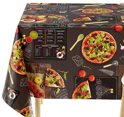 KP HOME Mantel Hule Mesa Rectangular 250x140, Fácil de Limpiar, Mantel PVC para Jardin, Exterior e Interior, Vinilo Impermeable Antimanchas, 8 Asientos, Diseño Temático de Pizza, Color Negro Oscuro