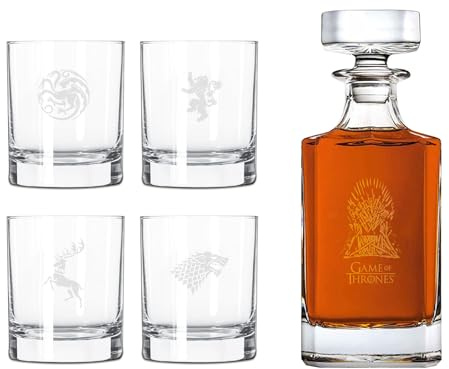 Game of Thrones Whiskey Set mit 4 Whiskeygläser und Whiskeyflasche mit Gravur - in hochwertiger Geschenkverpackung