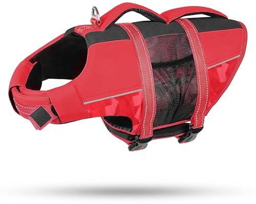CITÉTOILE Giubbotti di Salvataggio per Cani, Regolabile Salvagente per Animali con Manico, Costume da Bagno di Sicurezza in Acqua per la Vela in Piscina Sulla Spiaggia, Rosso, L