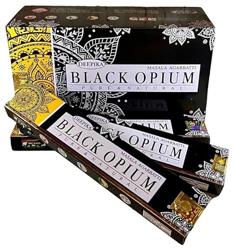 Fashnkart Varillas de incienso de opio negro Deepika para inauguración de la casa, templo Pooja, meditación y yoga, enrolladas a mano, Masala Aggarbatti, paquete de 12